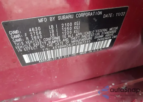 2023 Subaru Legacy Premium из США, поврежденный, VIN 4S3BWAD63P3007240